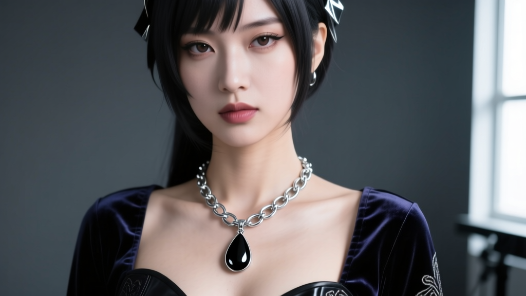 Close-up of a cosplayer wearing a silver chain and black teardrop pendant necklace against a dark gray studio backdrop