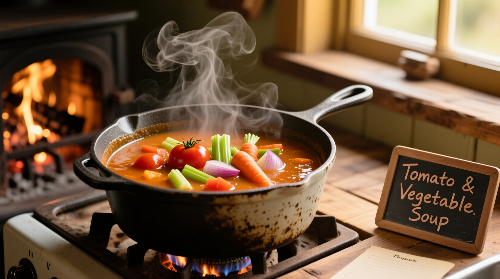 Vegetable soup with tomato soup simmering in pot