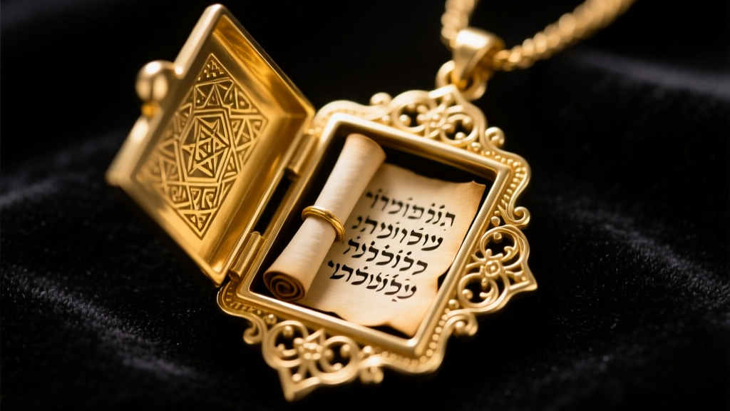 Macro shot of an open 14k gold Israeli mezuzah pendant revealing a tiny rolled parchment scroll inside against dark velvet.