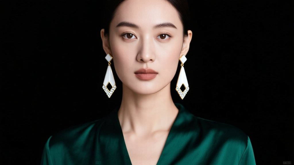 Woman wearing long white enamel and white gold drop earrings against a dark emerald silk blouse under soft studio lighting