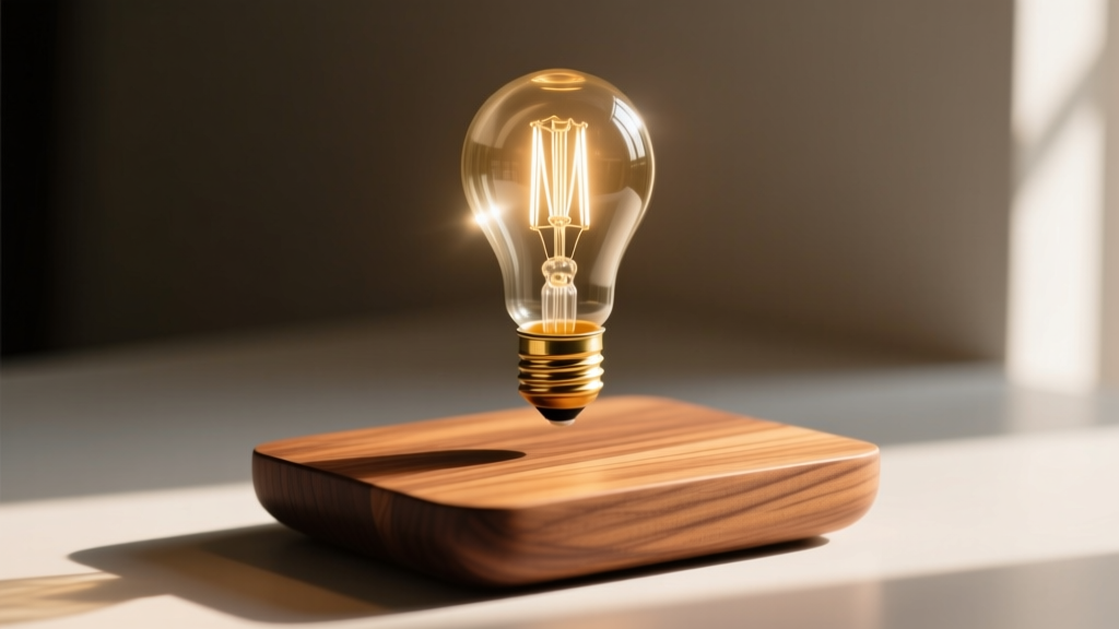 Close up of a levitating Edison bulb floating above a minimalist walnut wood base emitting a soft warm ambient glow