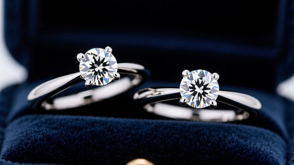 Close-up of matched 0.50ct round diamonds in platinum martini settings, displaying crisp hearts and arrows symmetry on dark velvet