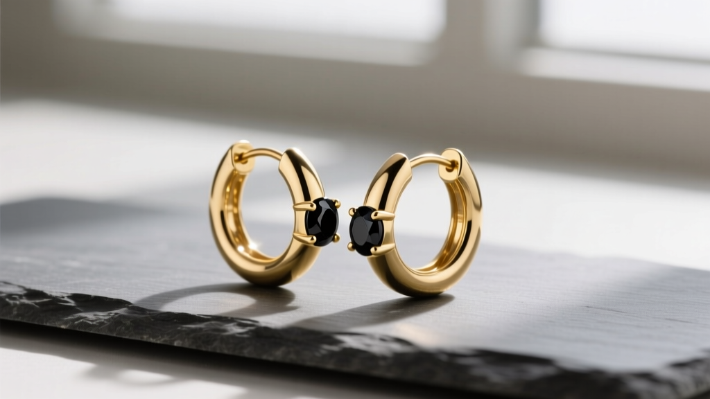 Flat lay of single 14k gold huggie hoops and threadless ends on slate, highlighting polished finishes and prong-set black onyx gems.