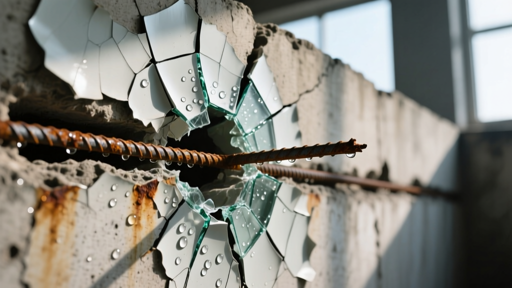 Close-up of a cracked concrete foundation wall with peeling counterfeit waterproofing membrane exposing rebar to severe water leakage and moisture