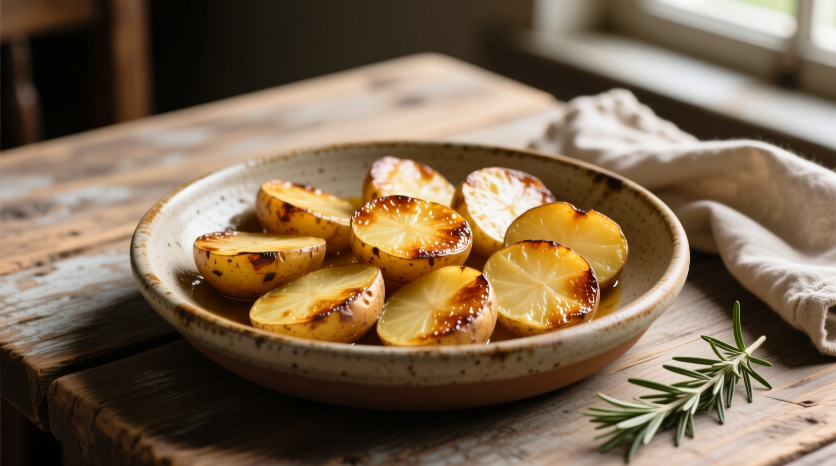 Golden potato confit slices in ceramic dish