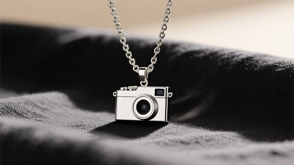 Close-up of a 2mm stainless steel box chain connecting to a discreet camera pendant resting on dark charcoal linen fabric.