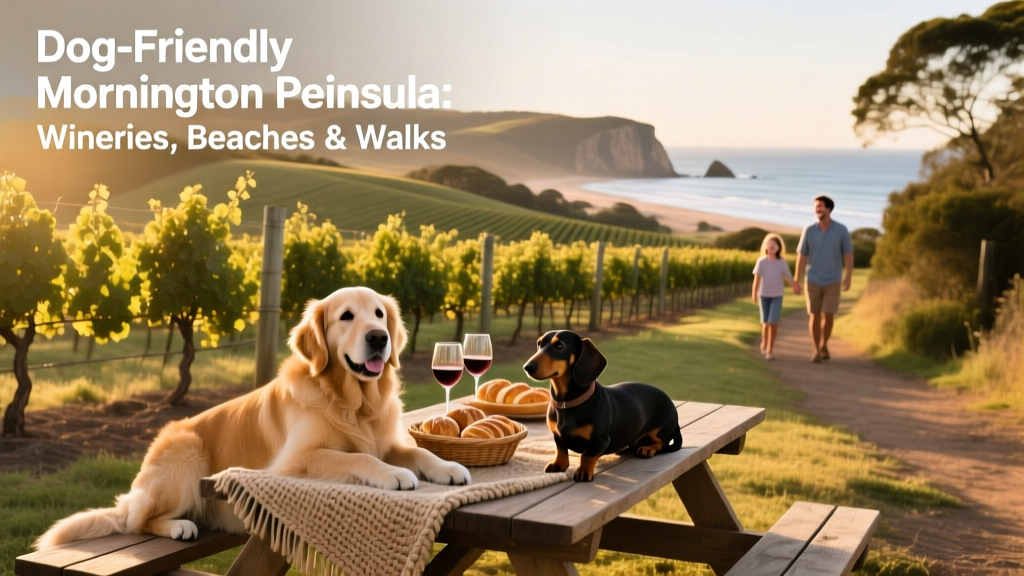 A sun-dappled vineyard on the Mornington Peninsula with dogs resting near picnic tables and vines in the background