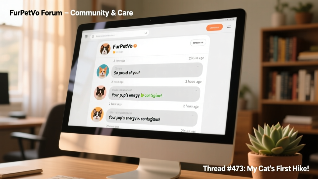 Screenshot-style image showing an active FurPetVo forum thread with user avatars, timestamps, and friendly, supportive comments