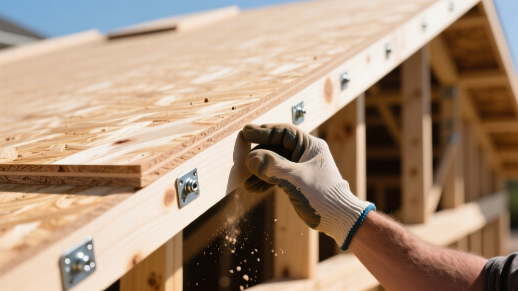 Close-up of OSB and plywood roof sheathing panel edges being inspected by a contractor on a bright residential framing site