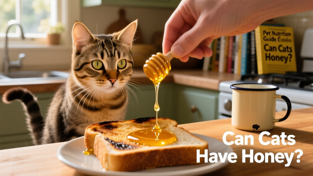 A curious cat watching a person drizzle honey on toast