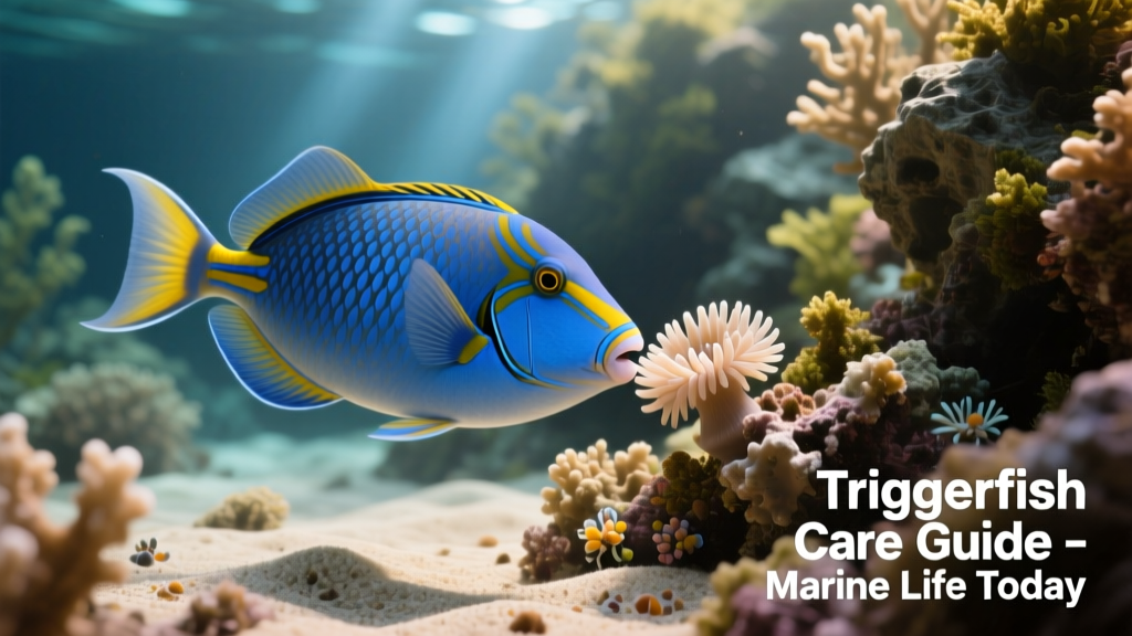 Close-up of a bluejaw triggerfish interacting with live rock and sand substrate in a mature reef-style aquarium