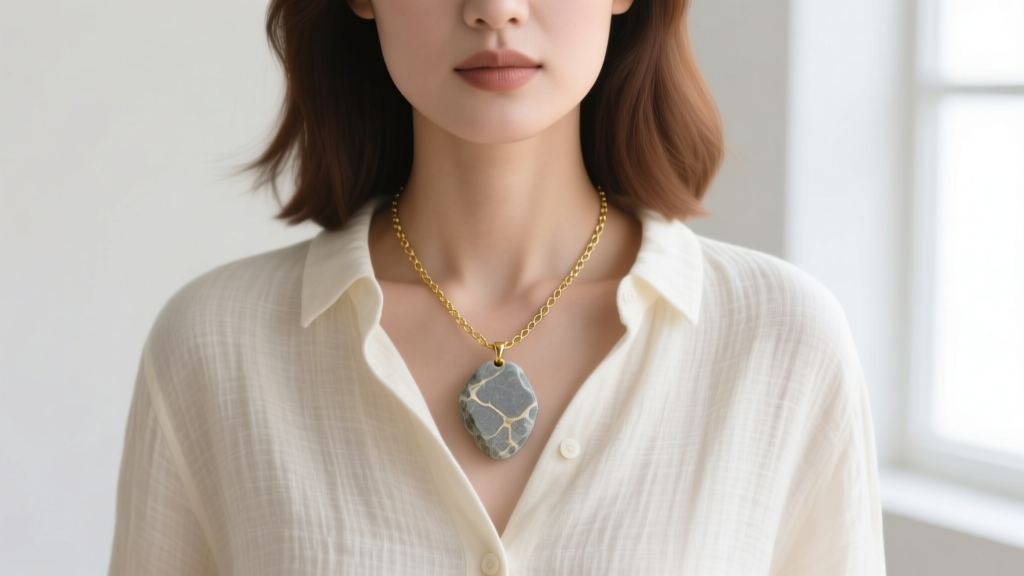 Woman wearing a hagstone pendant over a cream linen shirt, showing the grey stone resting against a minimalist 18-inch gold chain.
