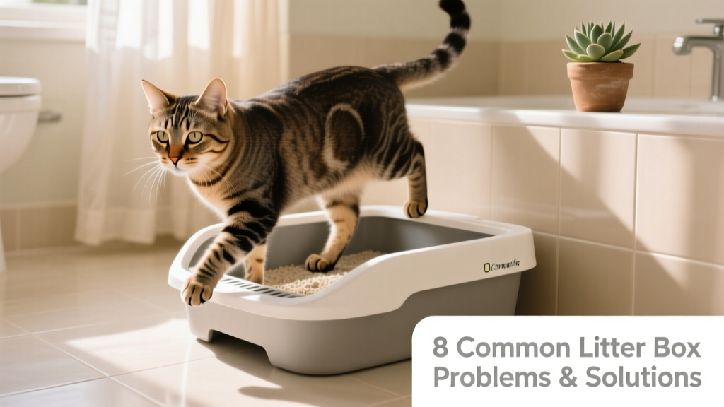 A calm, healthy adult cat stepping confidently into a clean, open litter box