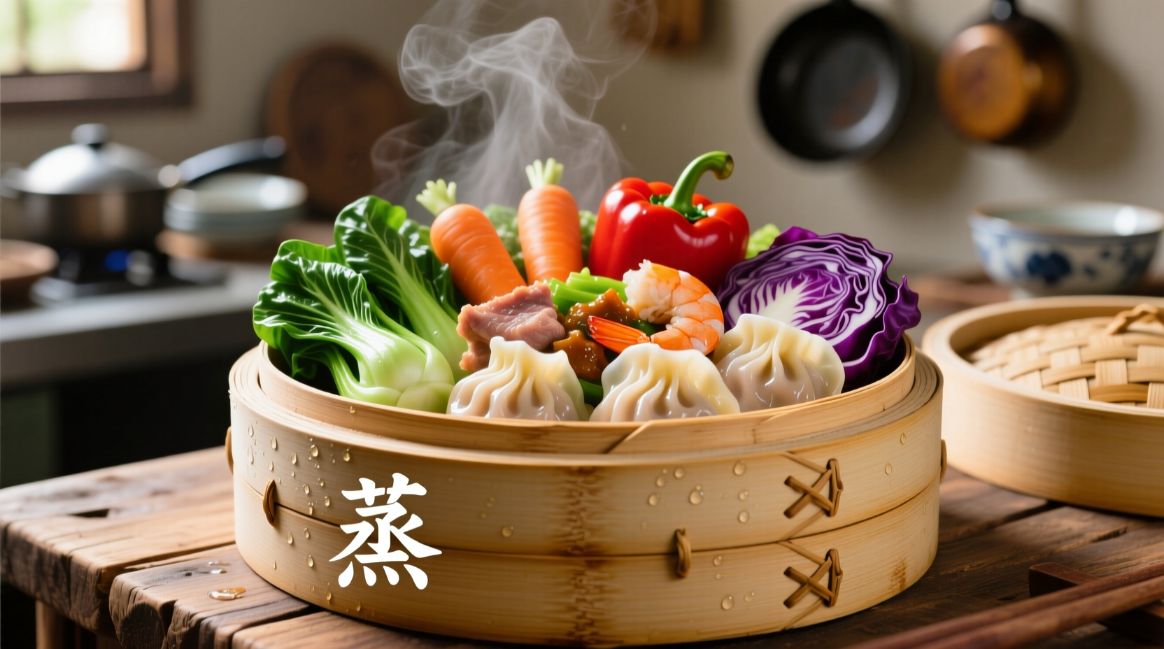 Bamboo steamer with vibrant vegetables and dumplings