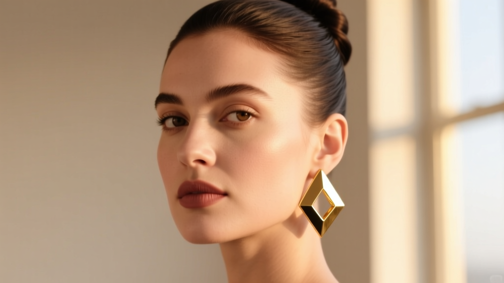 Portrait of a woman with a round face wearing medium geometric gold band earrings, styled with a sleek updo to elongate her jawline