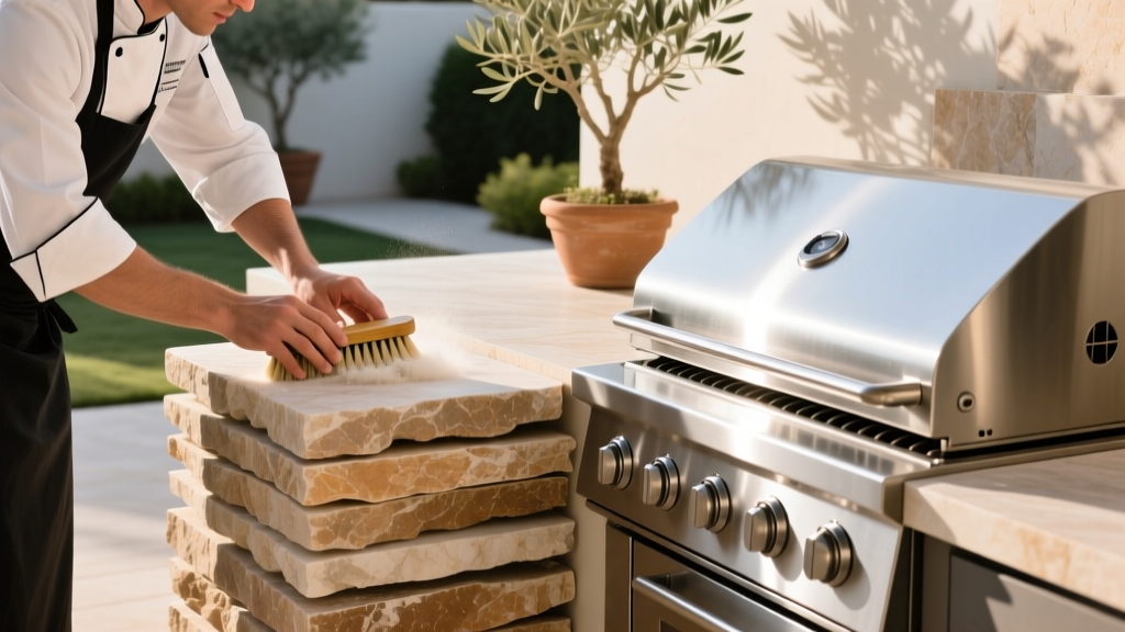 Close-up of a chef cleaning stacked limestone veneer panels next to a stainless steel grill in a luxury outdoor kitchen setting