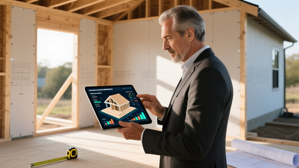 Architect reviewing a digital building material cost estimator tablet showing 3D scope calculations and lumber takeoffs on a framed house site