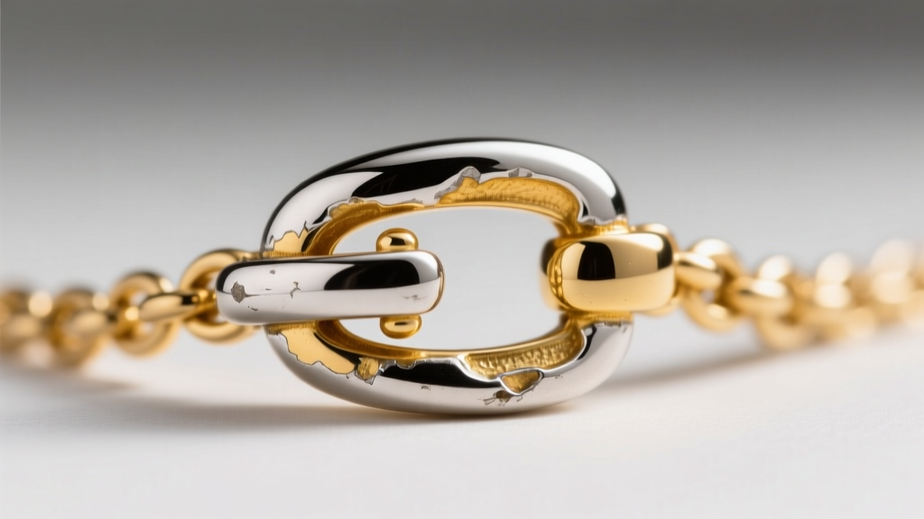 Macro photography of a 14k white gold necklace clasp showing worn rhodium plating revealing the yellowish base metal underneath.