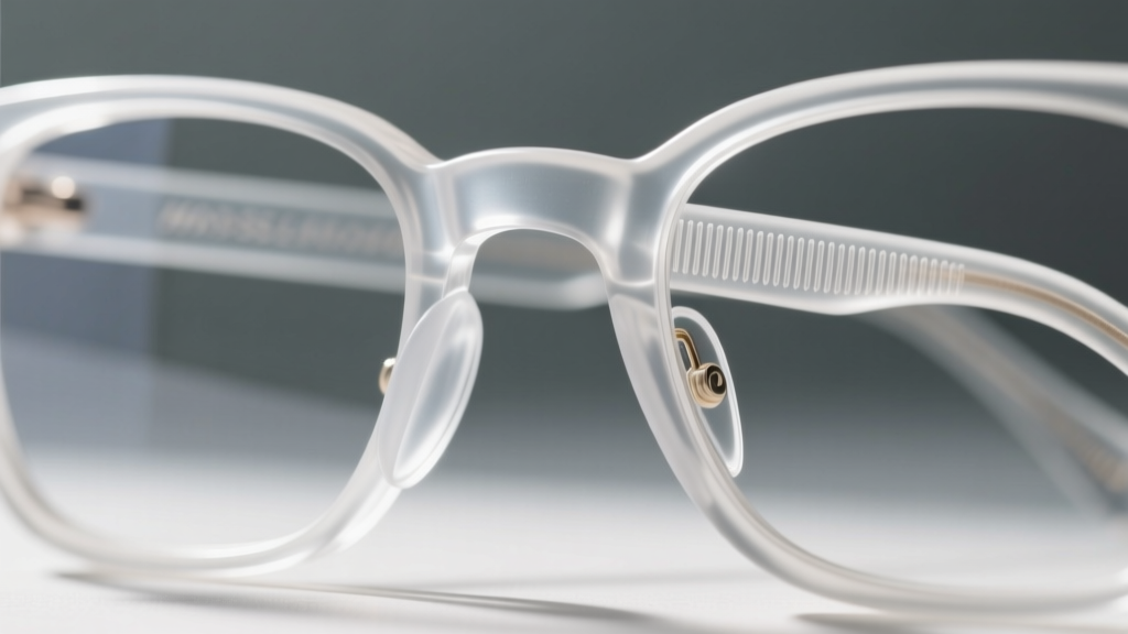 Macro shot of a clear silicone grip loop attached to the acetate temple of reading glasses against a soft blurred gray background