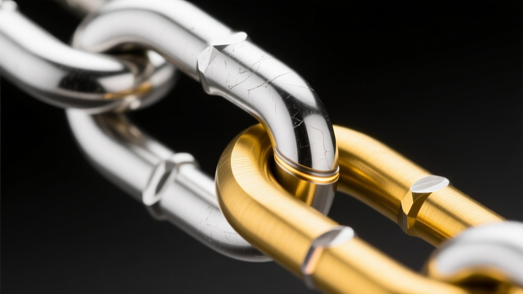 Macro shot of a laser-welded joint on a two-tone chain, showing the distinct color boundary between white and yellow metal alloys.