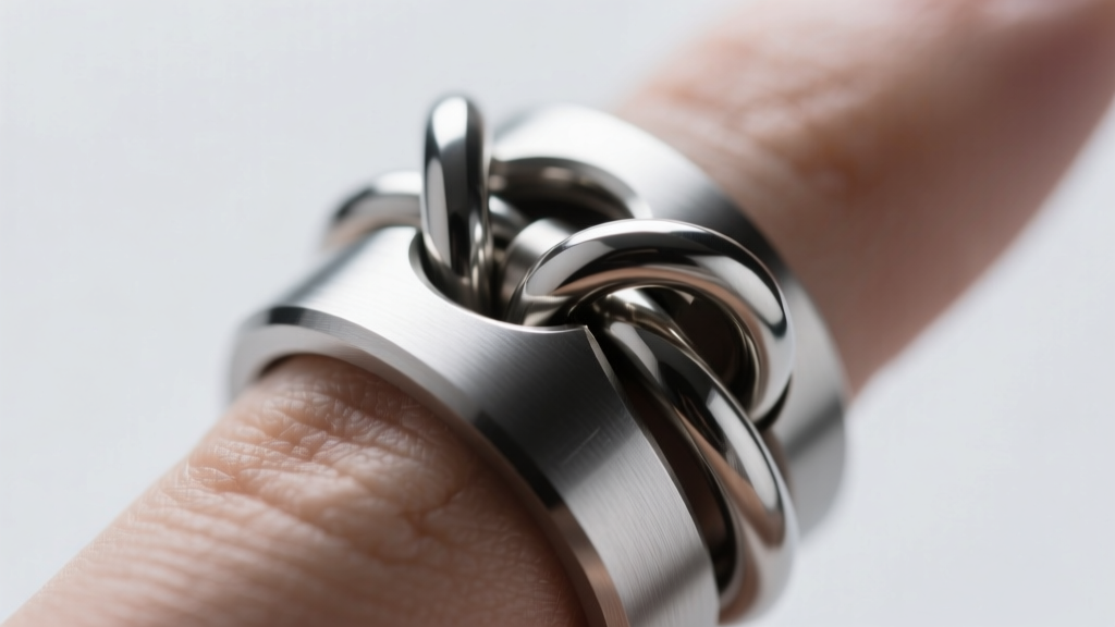 Close-up of titanium adjustable finger ring mechanism showing heavy-duty Grade 5 titanium jewelry jump rings securing sliding band