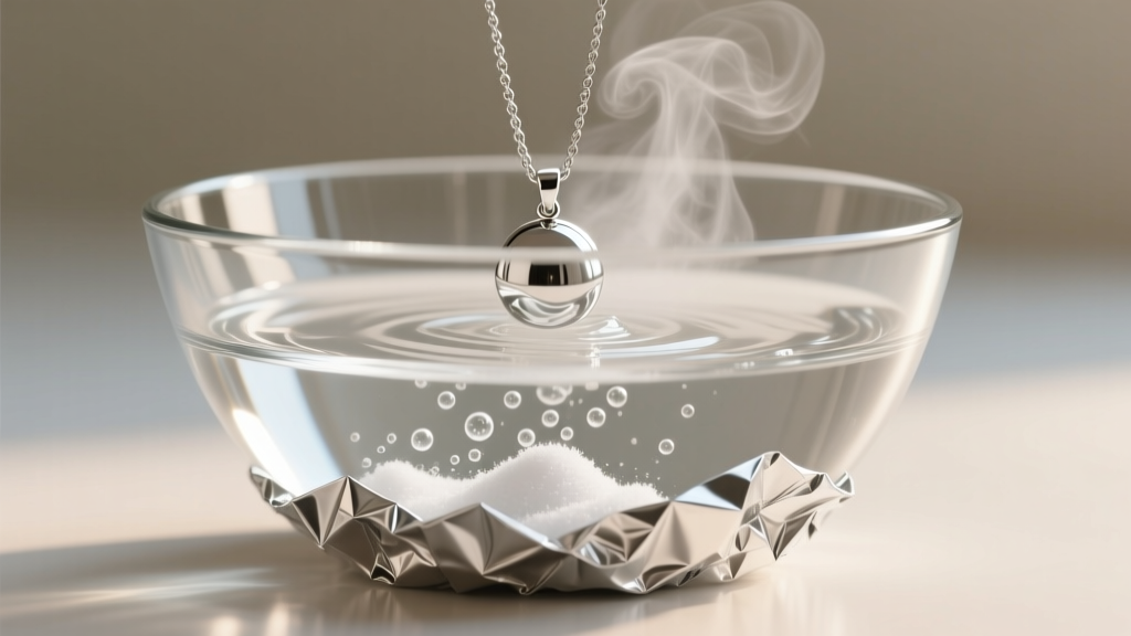 Glass bowl lined with crinkled aluminum foil containing hot water and baking soda, with a silver pendant submerged and bubbling.
