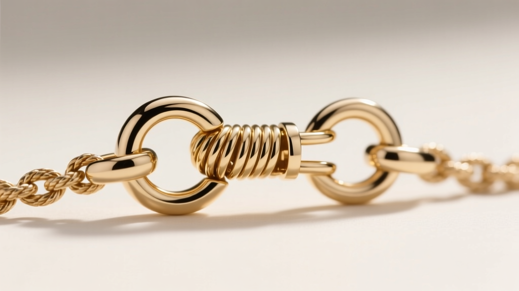 Macro photo of a 14k white gold lobster clasp on a rope chain, highlighting the spring mechanism and securely soldered jump ring.