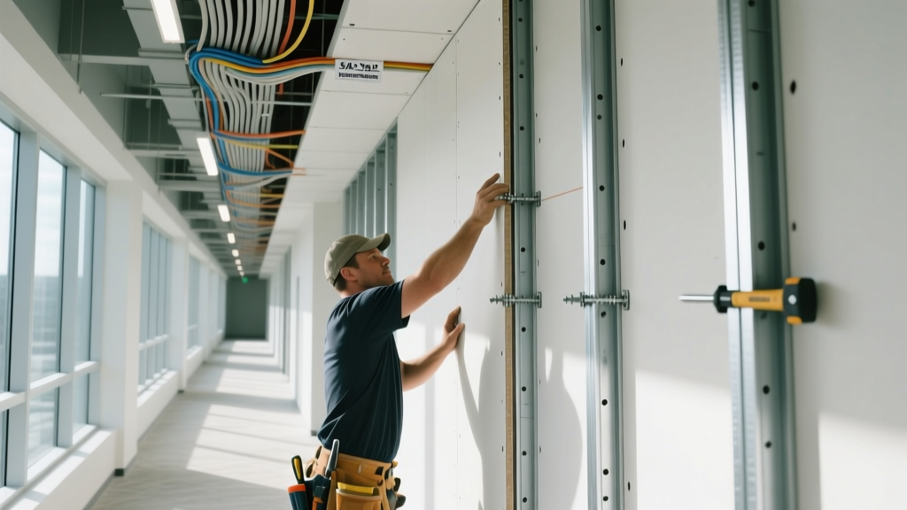 Contractor installing 5/8-inch Type X fire-rated gypsum board on metal studs in a commercial hallway with exposed wiring