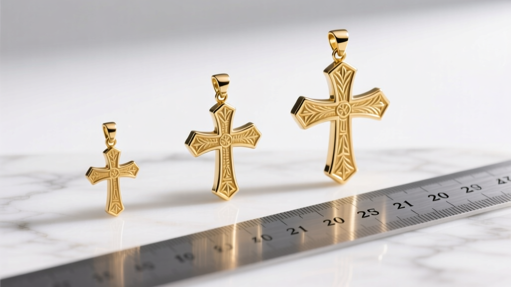 Macro shot of three gold horizon cross pendants on marble, displaying micro, standard, and statement sizes beside a steel ruler.