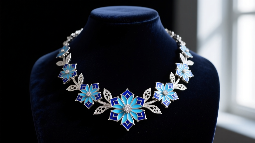Macro shot of a sterling silver floral wreath necklace with blue guilloché enamel petals, displayed on a dark velvet jewelry bust.