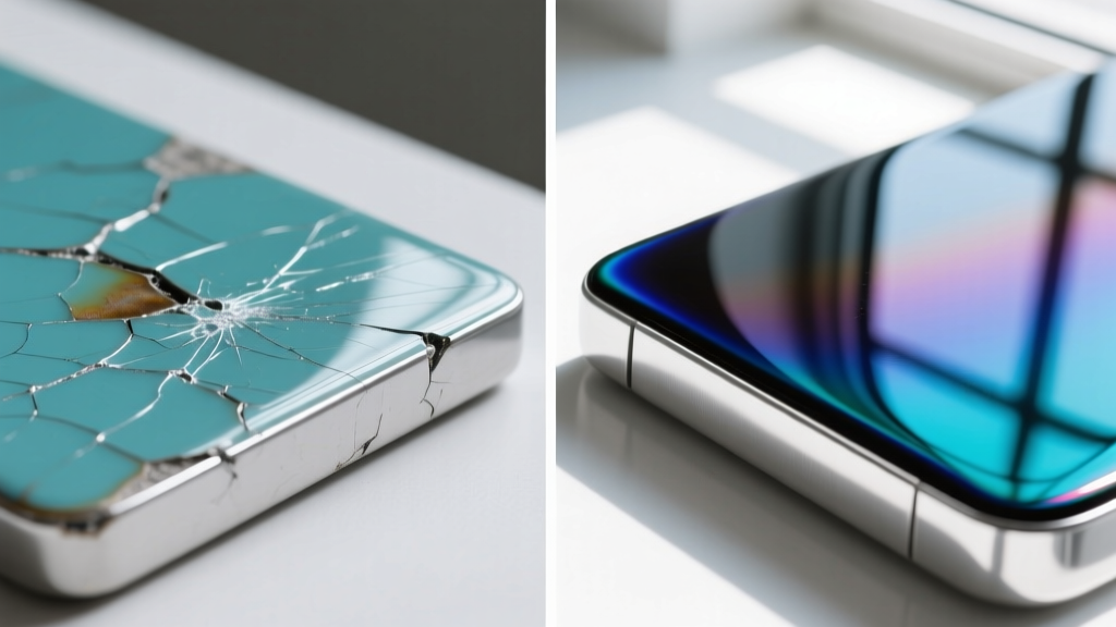 Side-by-side macro comparison of scratched epoxy resin enamel next to flawless glossy kiln-fired vitreous enamel on silver base