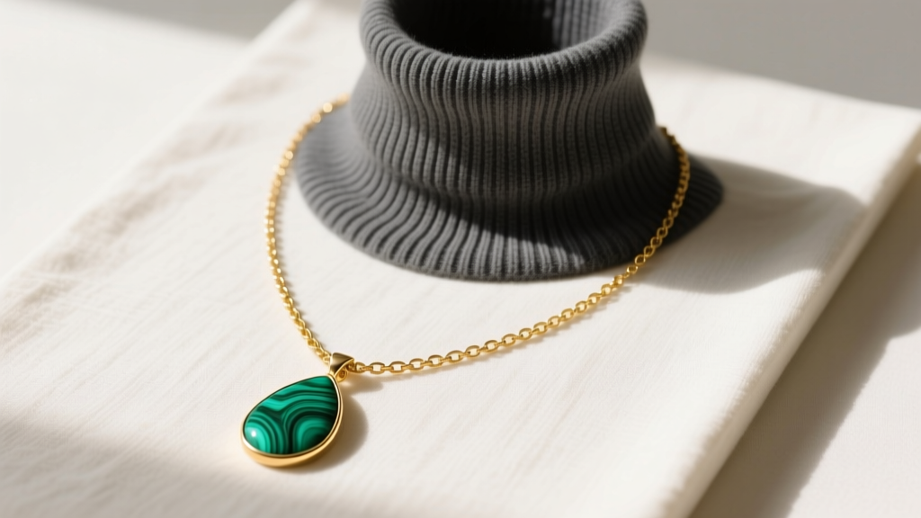 Flat lay of an extra long gold lariat necklace with a teardrop malachite pendant layered over a ribbed charcoal turtleneck on a linen board.