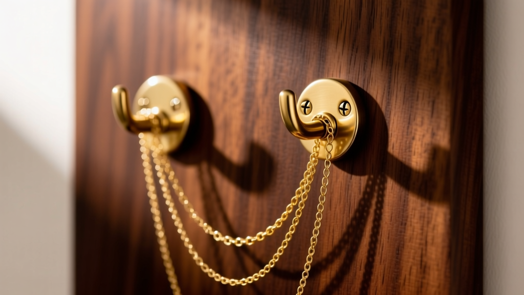 Macro photography of 20-gauge solid brass cup hooks screwed into a dark walnut board, holding delicate gold chain necklaces.