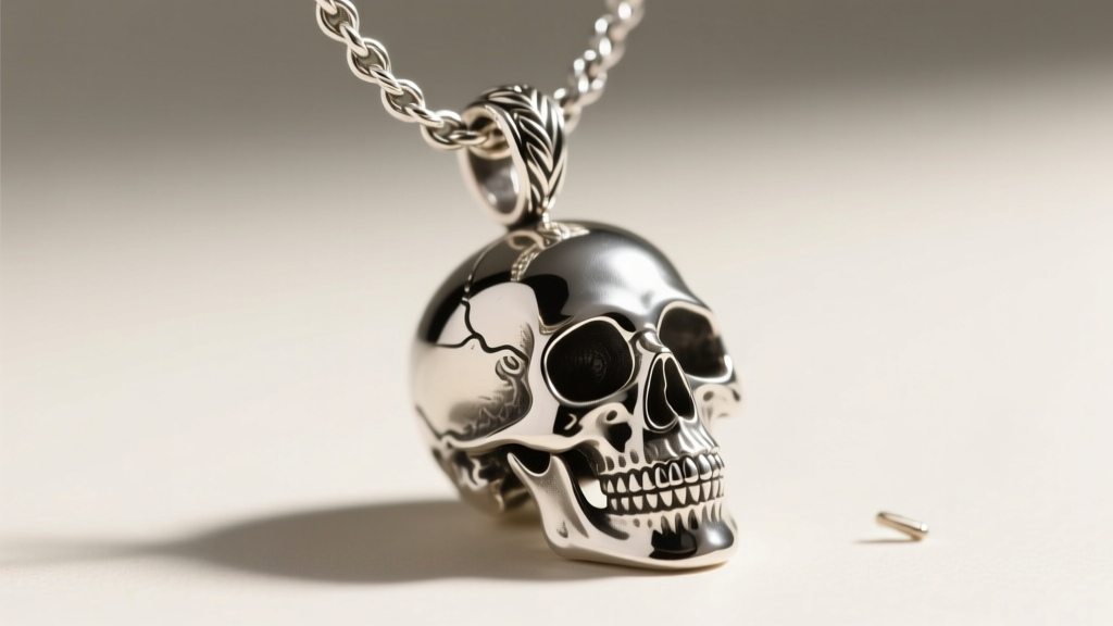 Macro shot of a 2.5mm sterling silver rope chain sliding through a large skull pendant bail, highlighting the metal clearance gap.
