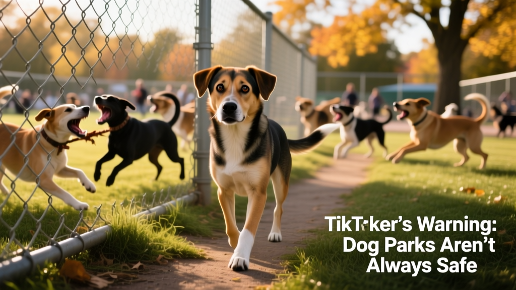 A dog looking anxious while walking past a fenced dog park with other dogs visible inside