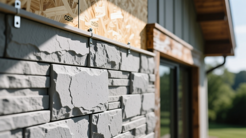 Close-up of interlocking mortarless polymer stone veneer panels in weathered gray fastened to exterior OSB sheathing