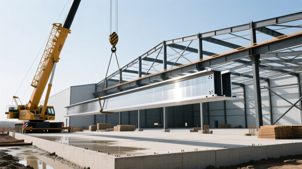 Crane lifting primary steel I-beam framing for an 80x100 metal warehouse building on a freshly poured concrete slab foundation