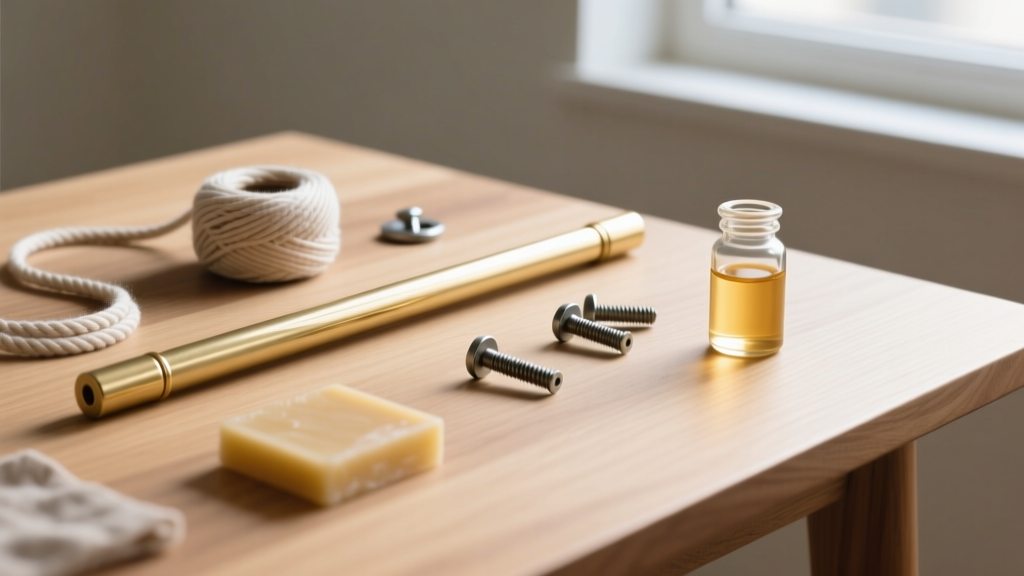 Flat lay of DIY materials including a brass rod, cotton cord, steel toggle bolts, and anti-tarnish wax on a light wood table