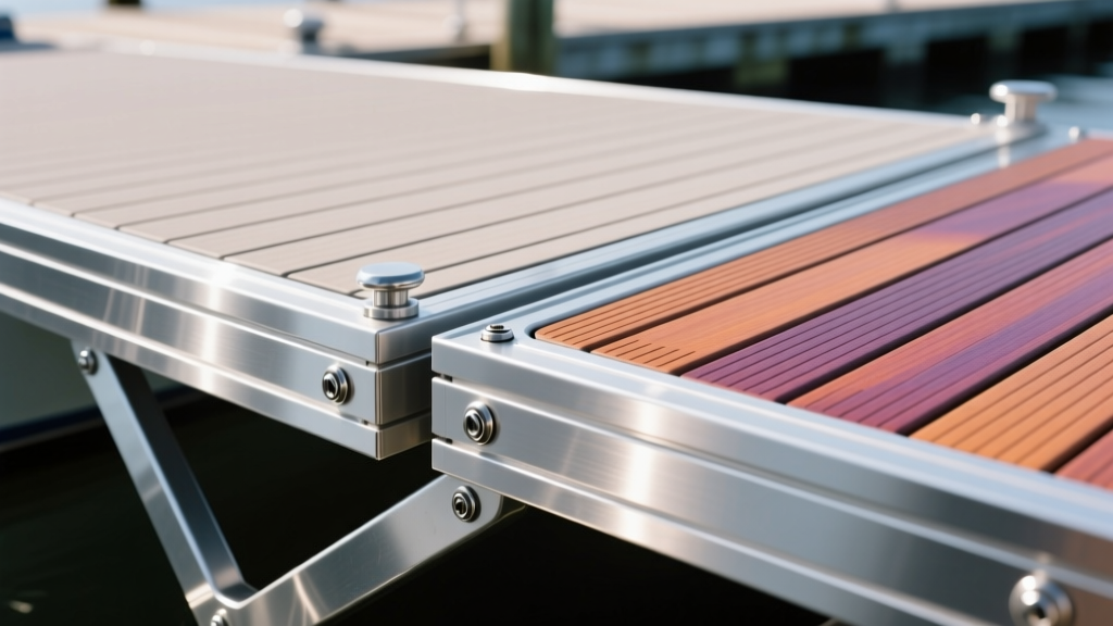 Extruded aluminum and marine PVC pontoon deck planking installed side-by-side on a galvanized steel boat cross-member with metal screws