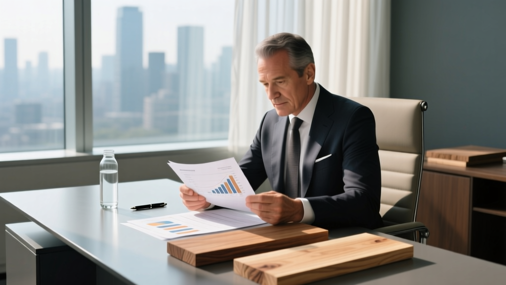 Professional investor reviewing building materials franchise financial documents and lumber samples on a modern office desk