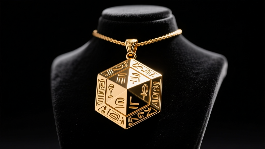 Close-up of a brass Yu-Gi-Oh! Millennium Puzzle pendant resting on a black velvet display bust with dramatic studio lighting.