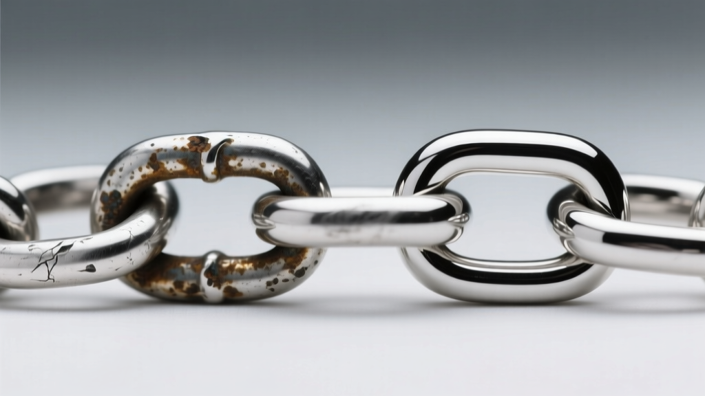 Macro view of a tarnished 925 sterling silver chain link beside a bright rhodium-plated link under soft studio lighting.