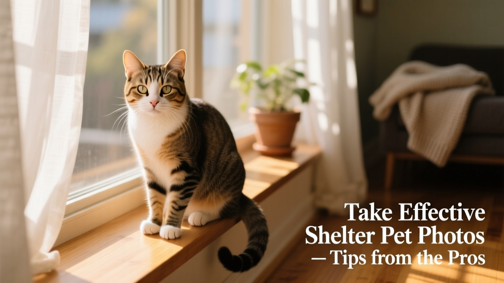 A shelter cat perched comfortably on a sunlit windowsill, facing the camera with relaxed posture and clear eyes