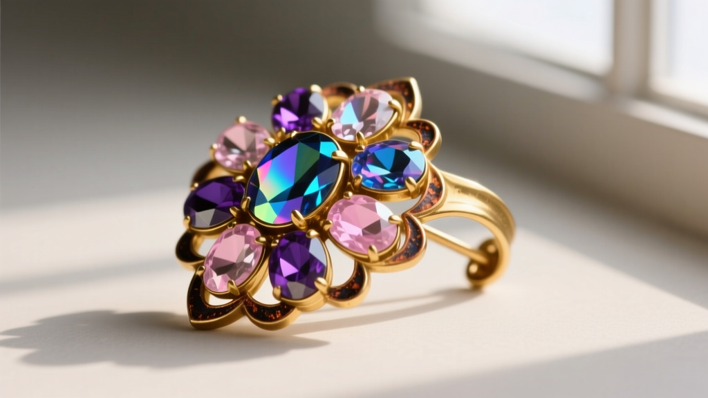Macro shot of a vintage gold-plated brass brooch with aurora borealis rhinestones showing dark copper oxide tarnish on the edges