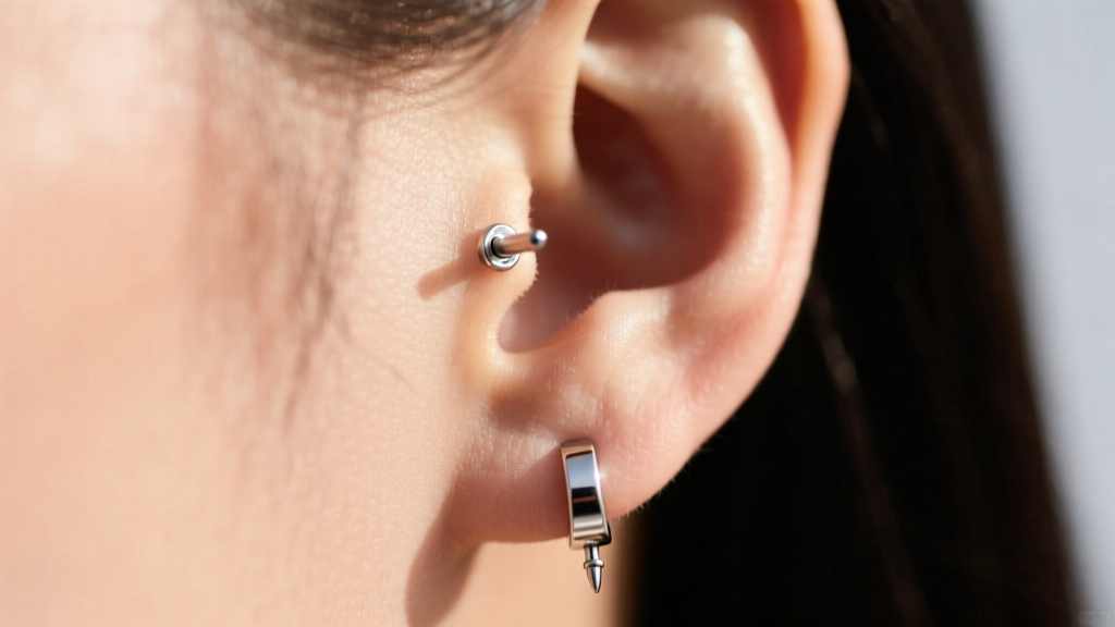 Pierced ear lobe wearing a small silver Metamoran fusion vest earring, showing a 20-gauge titanium post against soft skin.
