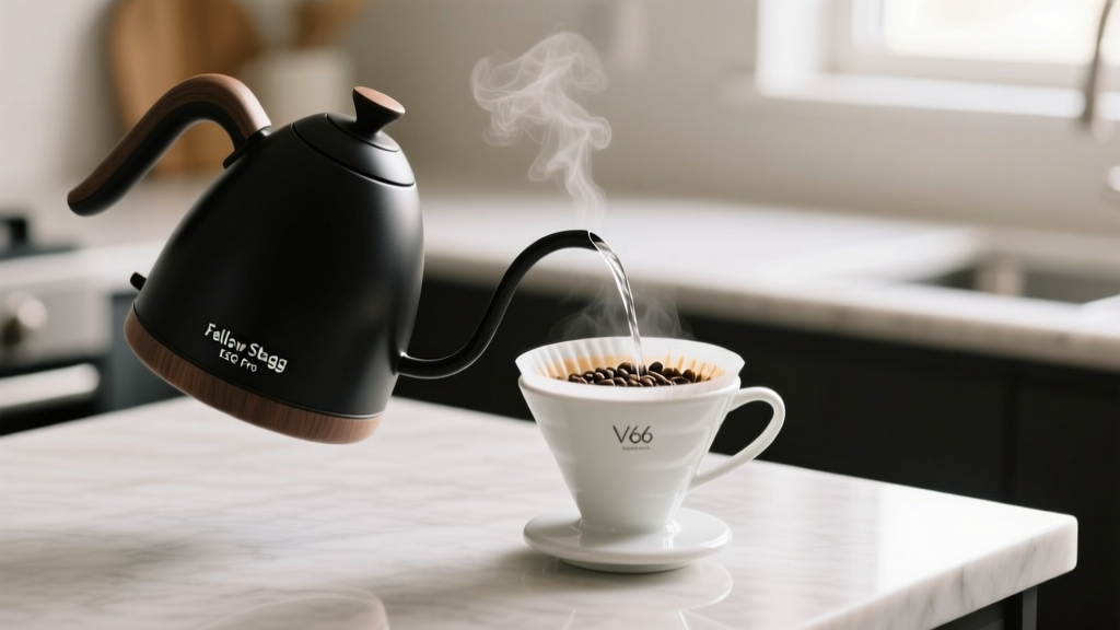 Matte black Fellow Stagg EKG Pro electric kettle pouring hot water over a V60 coffee dripper on a modern quartz kitchen countertop
