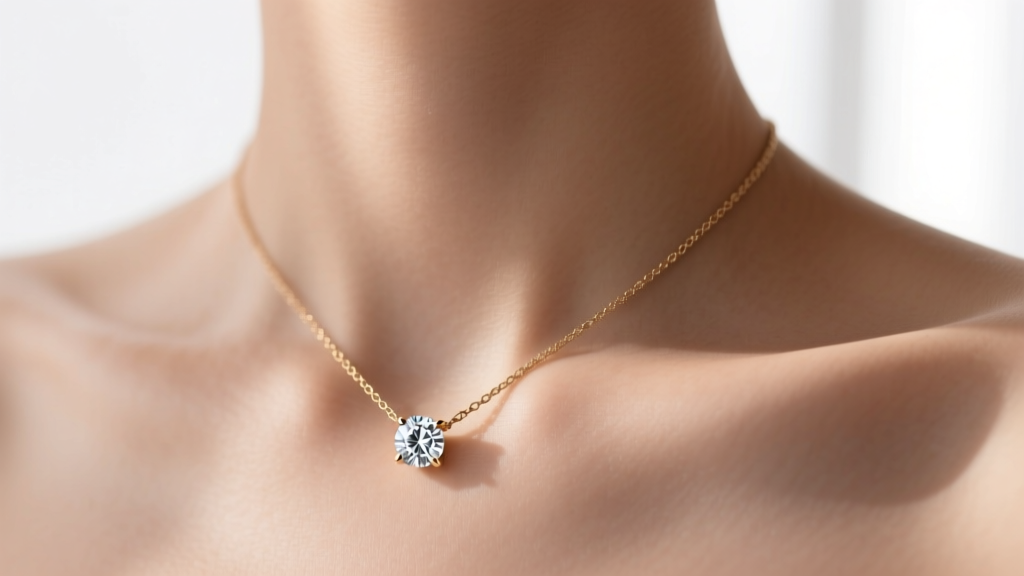 Close-up of a collarbone wearing a delicate 14k white gold one diamond pendant necklace, soft natural lighting, elegant and minimal.