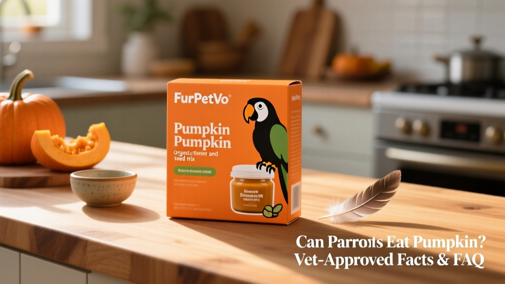 FurPetVo branded packaging showing organic pumpkin purée and seed mix designed for parrots, displayed on a clean kitchen counter