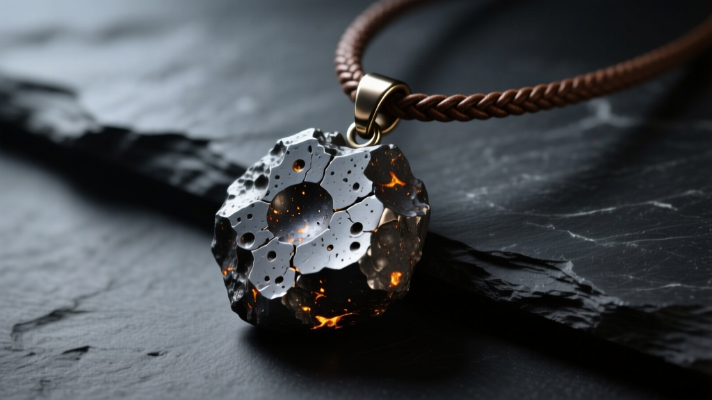 Rugged Campo del Cielo meteorite pendant on a braided leather cord resting on dark slate under moody studio lighting
