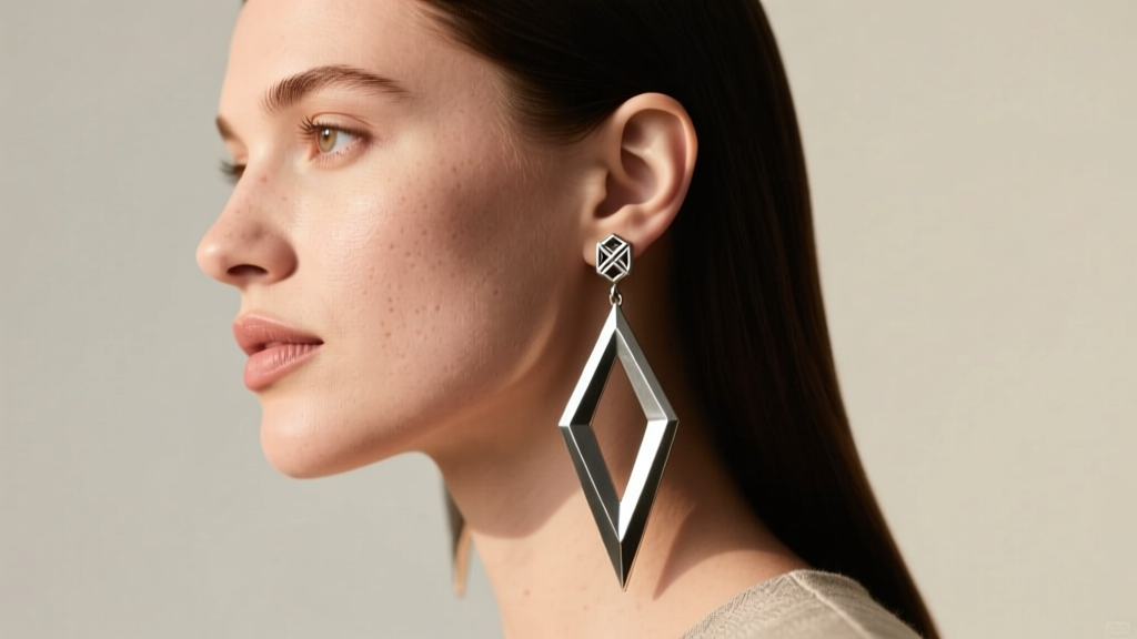 Side profile of a woman with a round face wearing long geometric Mjolnir drop earrings, showing how length elongates the jawline
